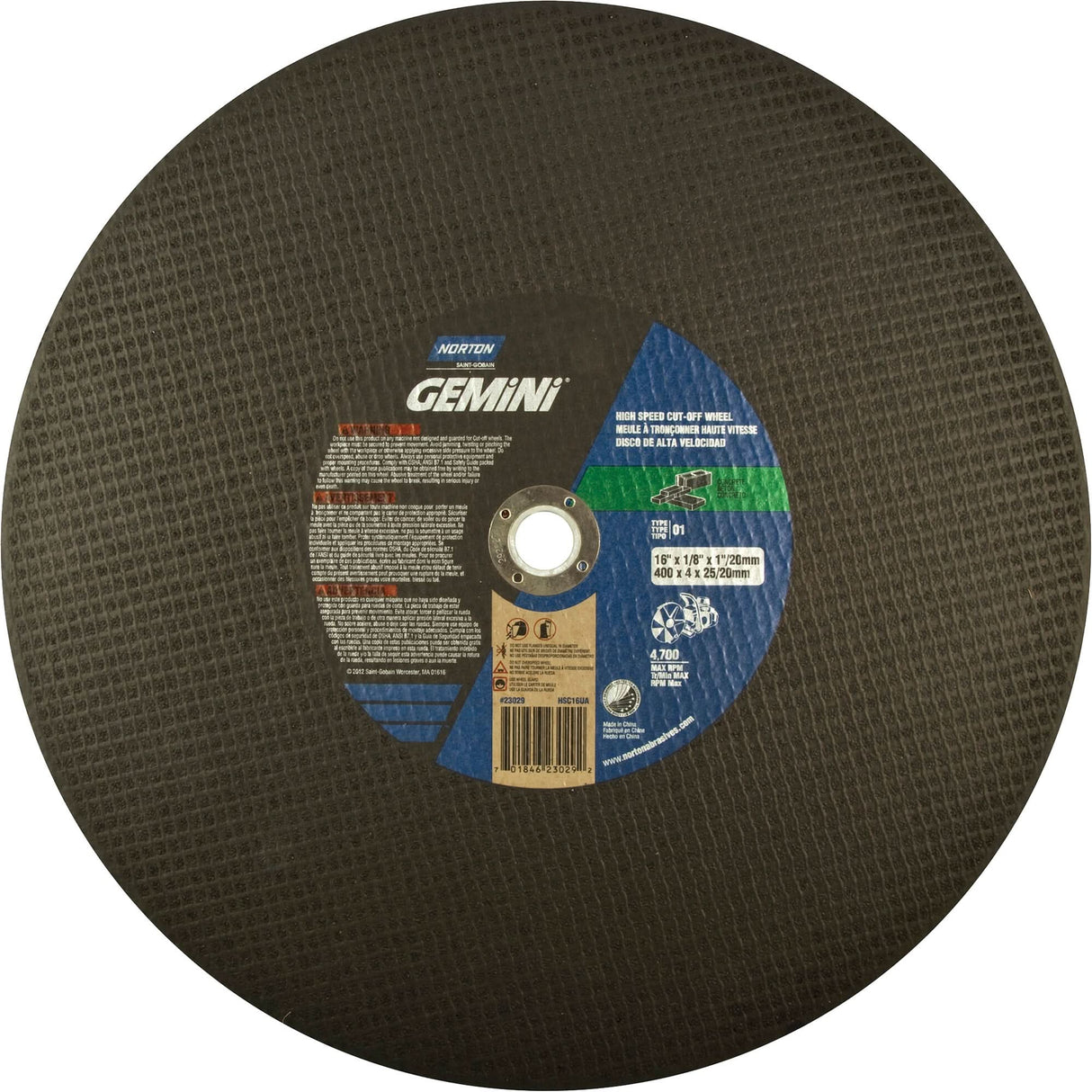 High Speed Reinforced Cut-Off Wheels, 14" x 1/8", 1" Arbor, Type 1, Silicon Carbide, 5400 RPM