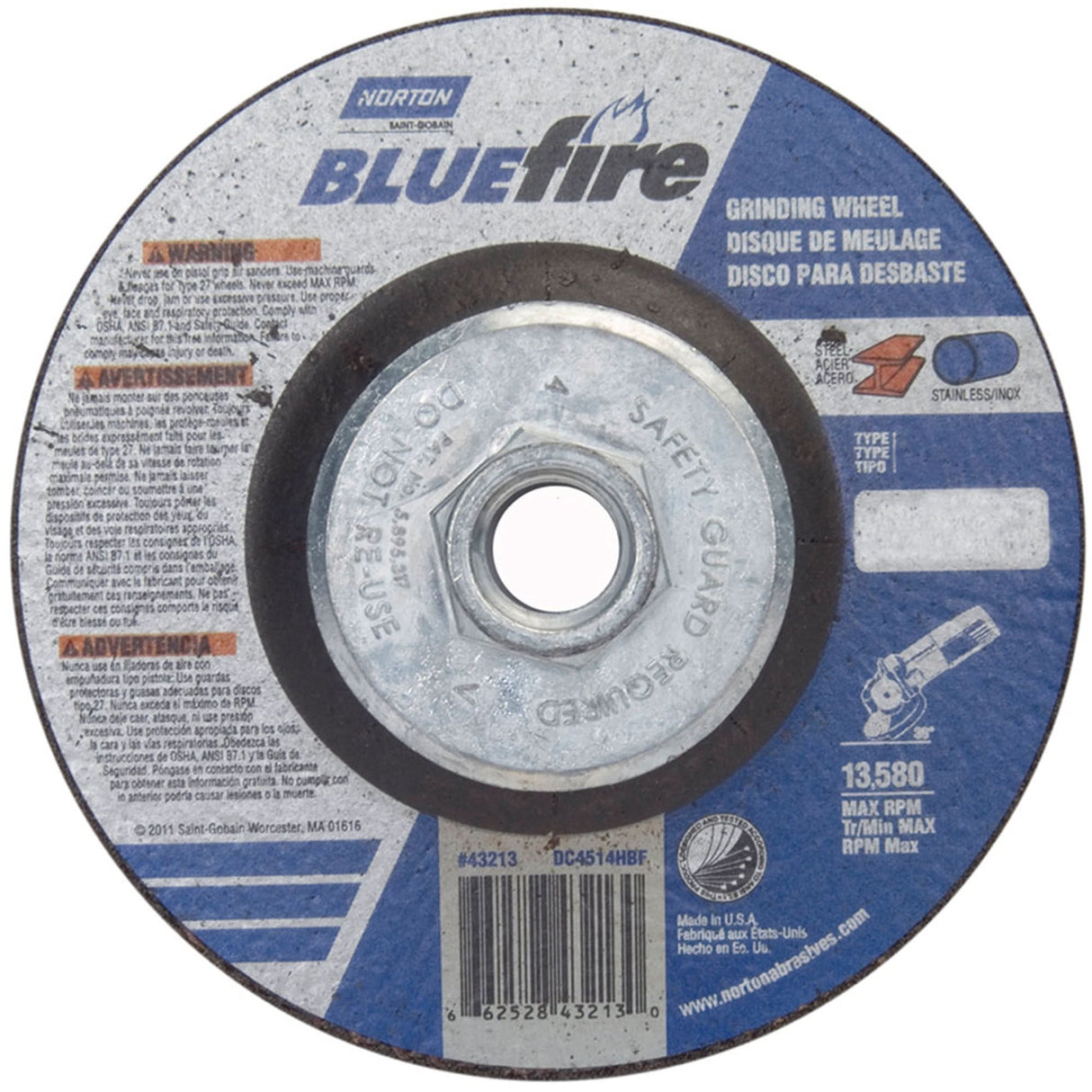 BlueFire® Grinding Wheels, 4-1/2" x 1/4", 5/8"-11 Arbor, Zirconia Alumina, Type 27