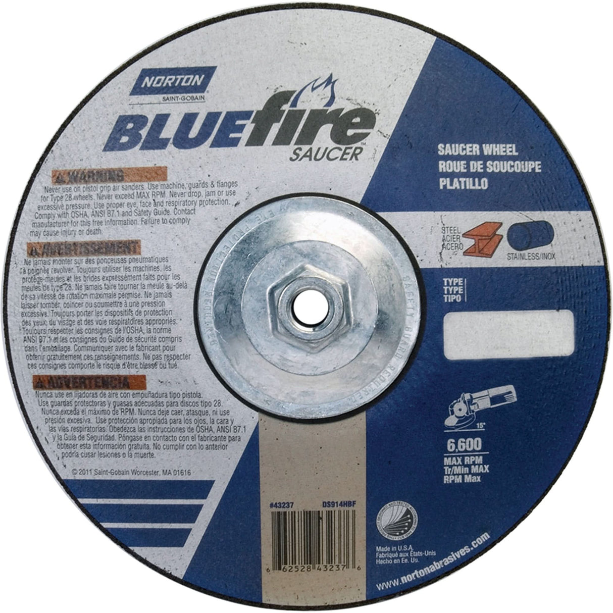 BlueFire® Saucer Wheels, 9" x 1/4", 5/8"-11 Arbor, Zirconia Alumina, Type 28