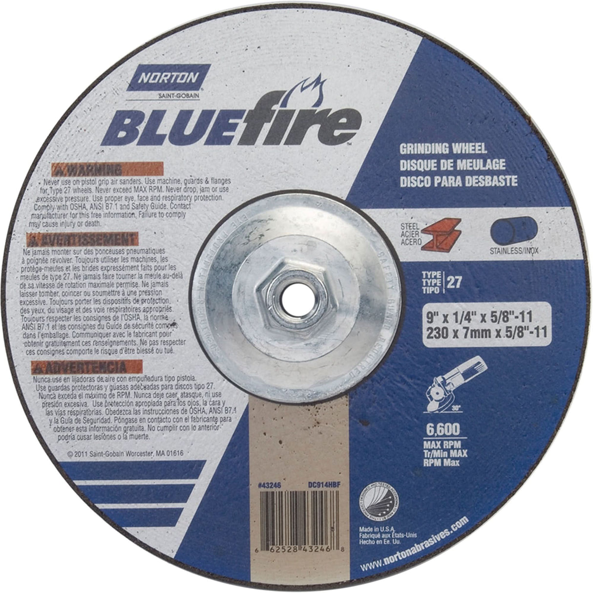 BlueFire® Grinding Wheels, 9" x 1/4", 5/8"-11 Arbor, Zirconia Alumina, Type 27