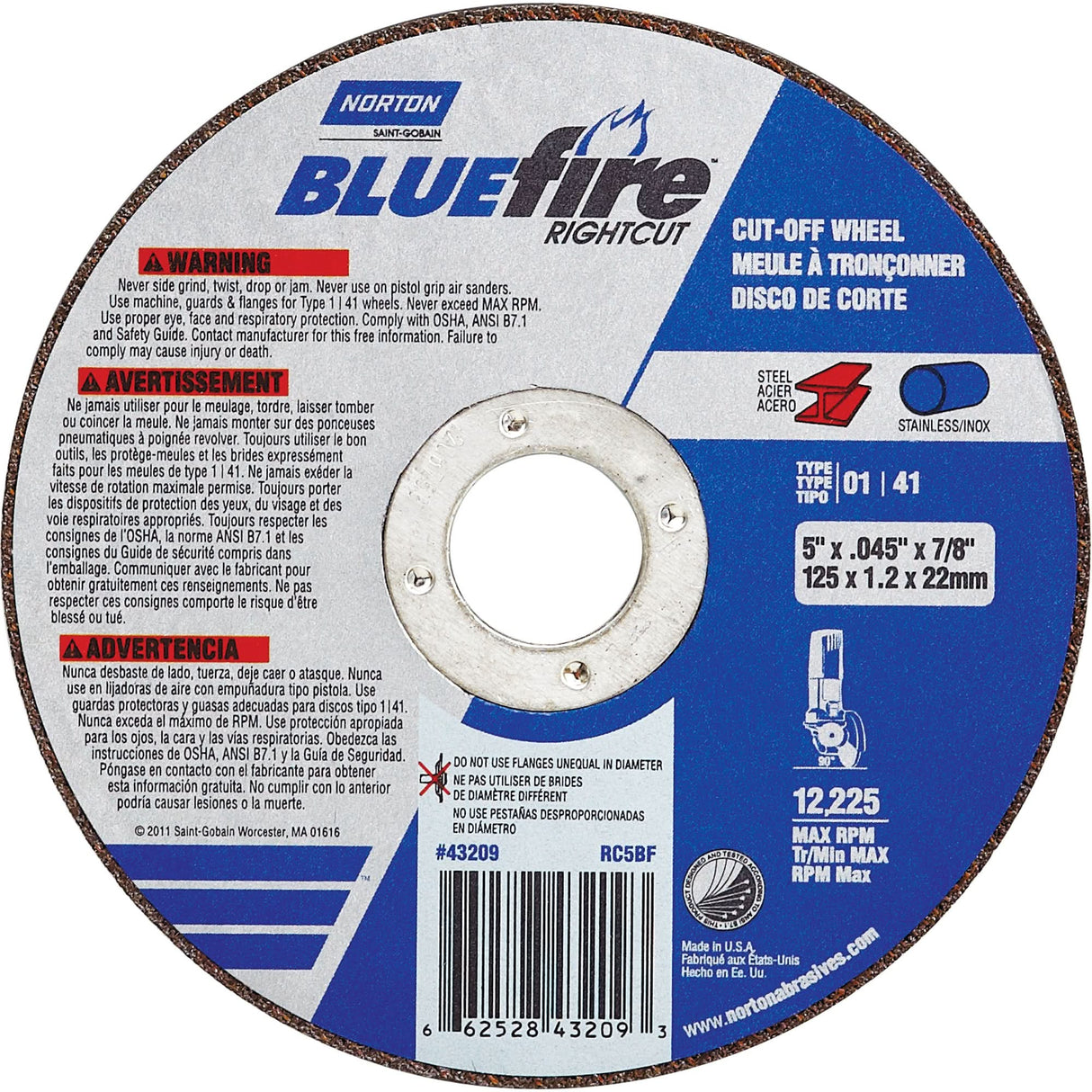BlueFire® Cut-off Wheel, 4-1/2" x 0.045"/1/16", 7/8" Arbor, Type 01/41, Aluminum Oxide/Zirconium, 13580 RPM