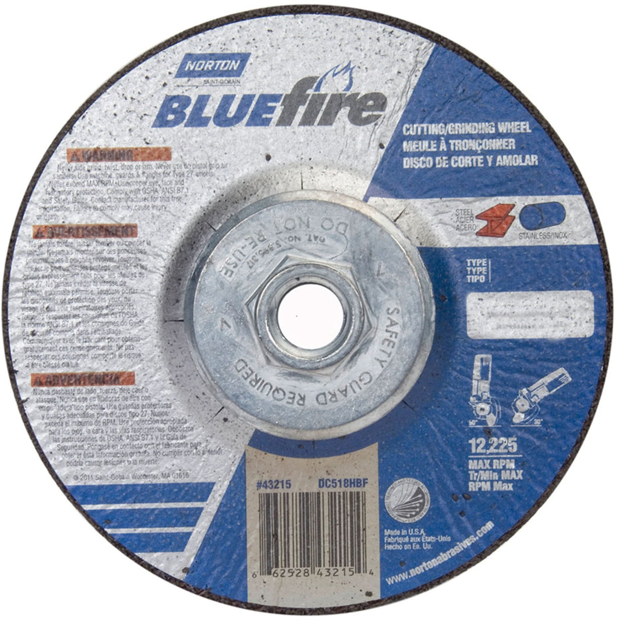 BlueFire® Grinding and Cutting Wheels, 5" x 1/8", 5/8"-11 Arbor, Zirconia Alumina, Type 27