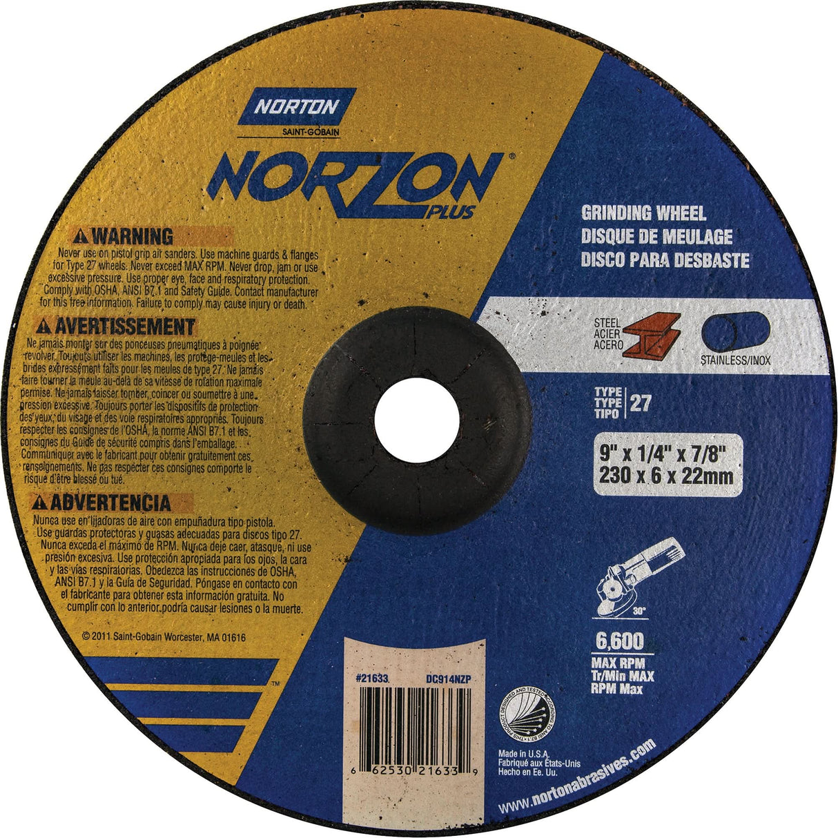 Depressed Centre Grinding Wheels, 9" x 1/4", 7/8" Arbor, Ceramic/Zirconium, Type 27