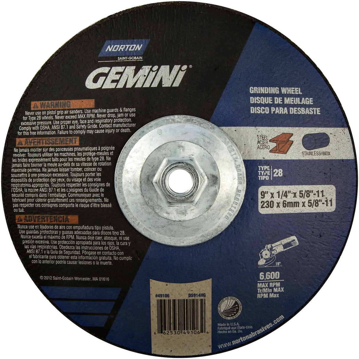 Gemini® Saucer Wheel, 9" x 1/4", 5/8"-11 Arbor, Aluminum Oxide, Type 28