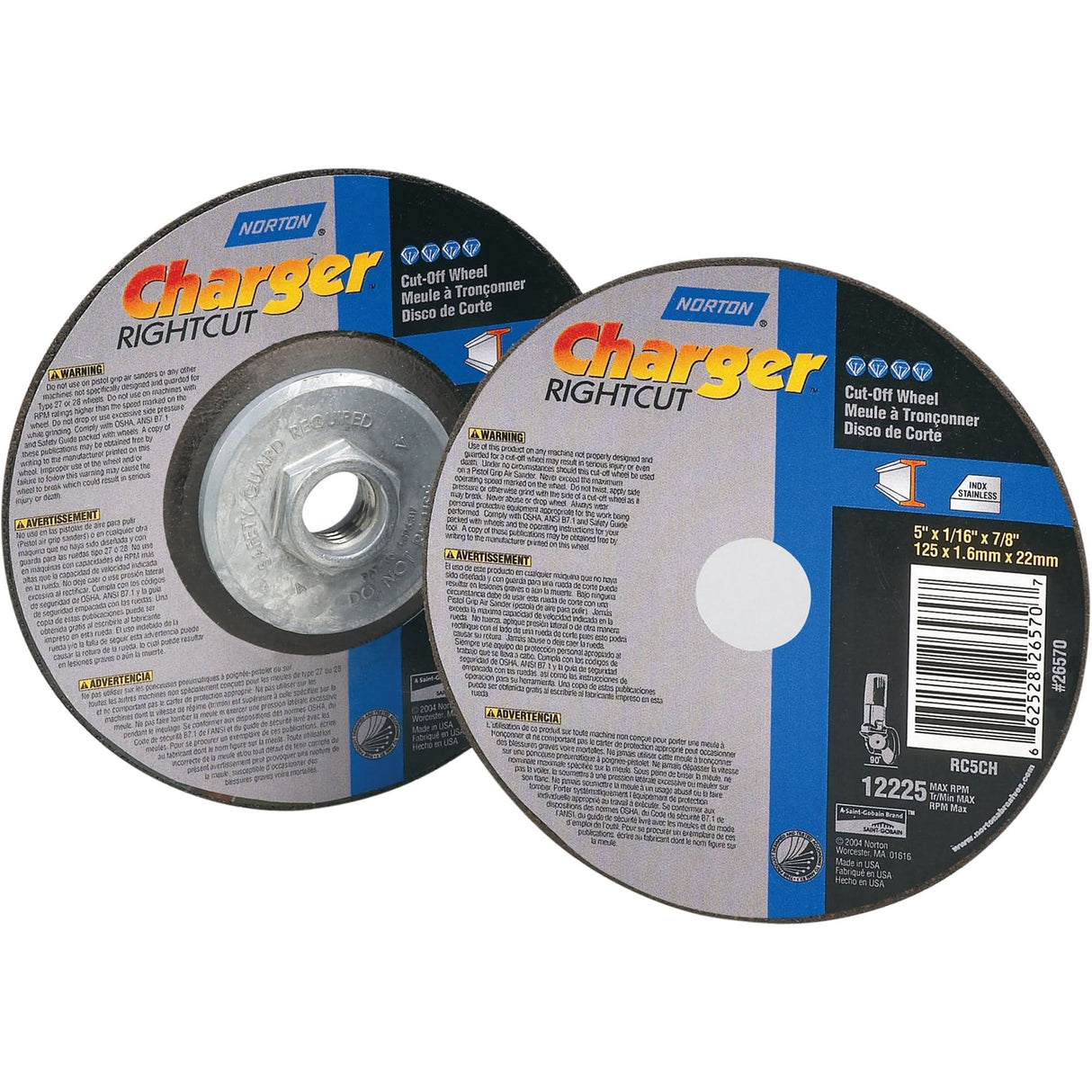 Right Angle Grinder Reinforced Cut-Off Wheel - Charger RightCut™ , 7" x 1/16", 7/8" Arbor, Type 1, Aluminum Oxide, 8730 RPM