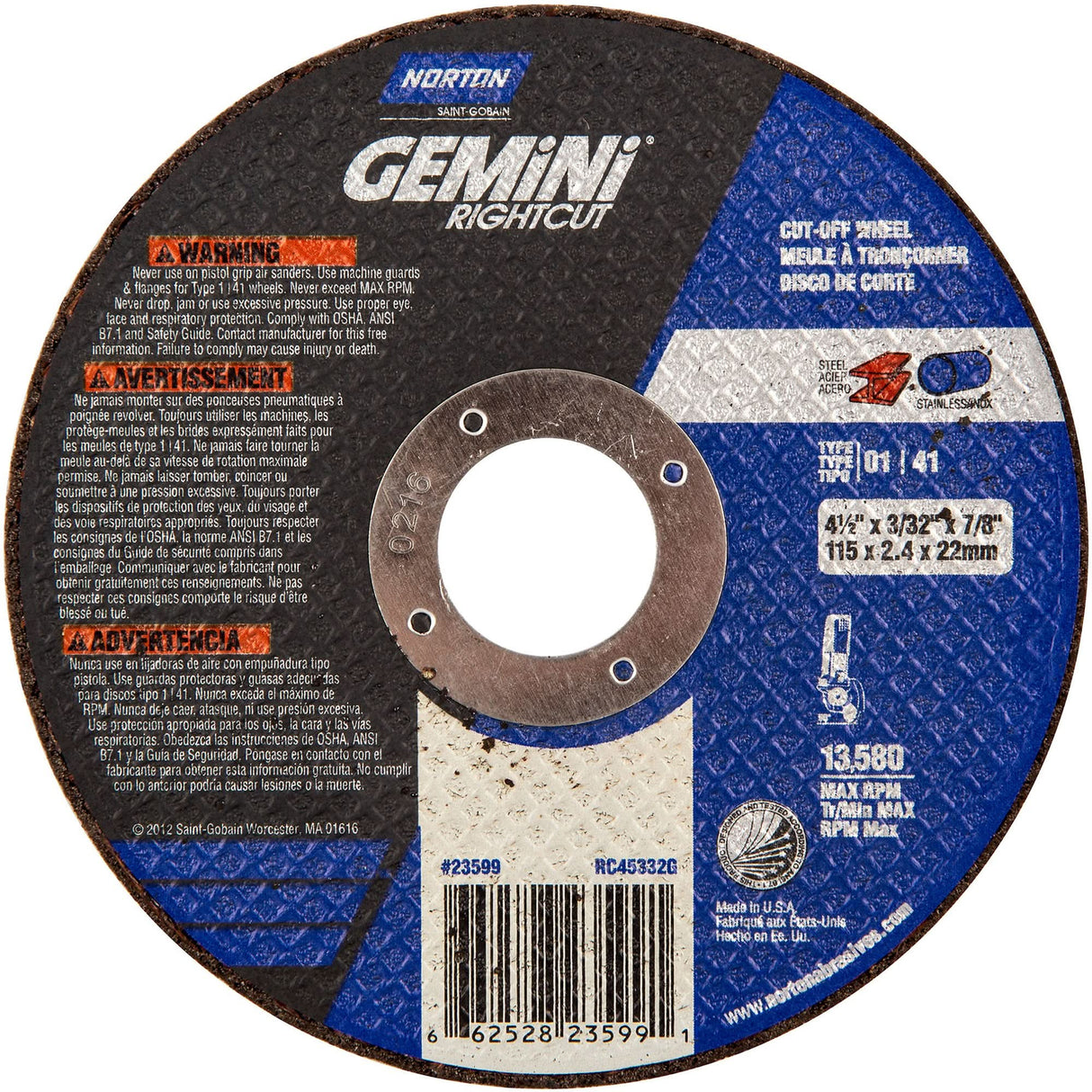 Cut-Off Wheels For Right Angle Grinder, 4-1/2" x 0.09", 7/8" Arbor, Type 1, Aluminum Oxide, 13580 RPM
