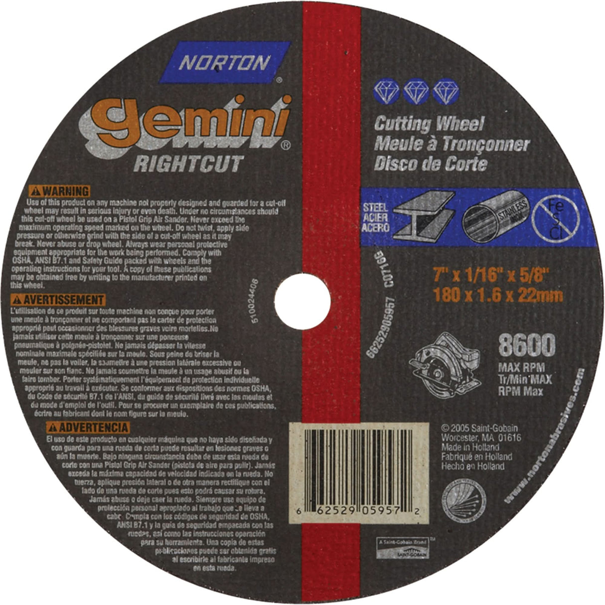 Circular Saw Reinforced Cut-Off Wheels - Masonry & Metal, 8" x 1/16", 5/8" Arbor, Type 1, Aluminum Oxide, 7640 RPM