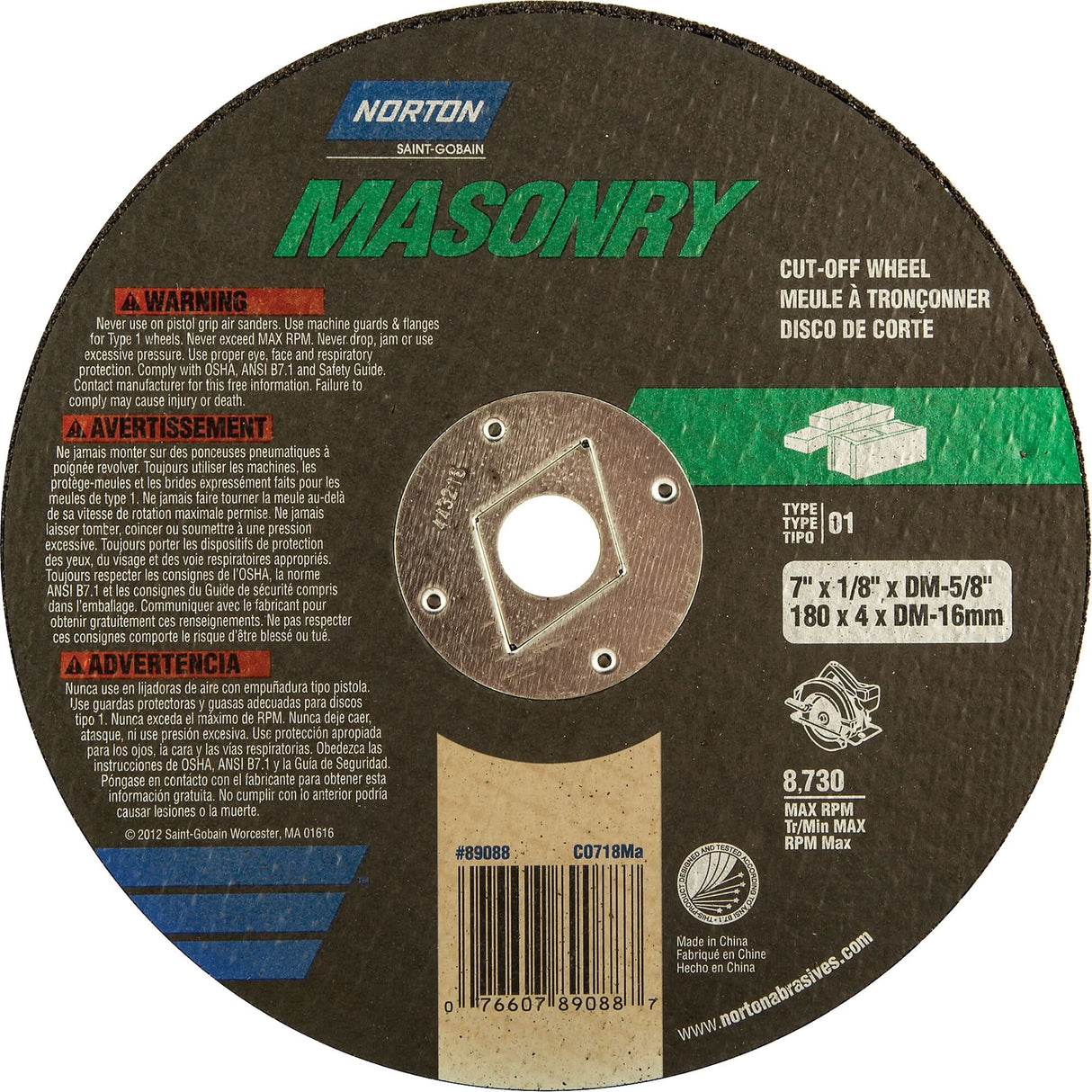 Circular Saw Reinforced Cut-Off Wheels - Masonry & Metal, 7" x 1/8", DM Arbor, Type 1, Silicon Carbide, 8730 RPM