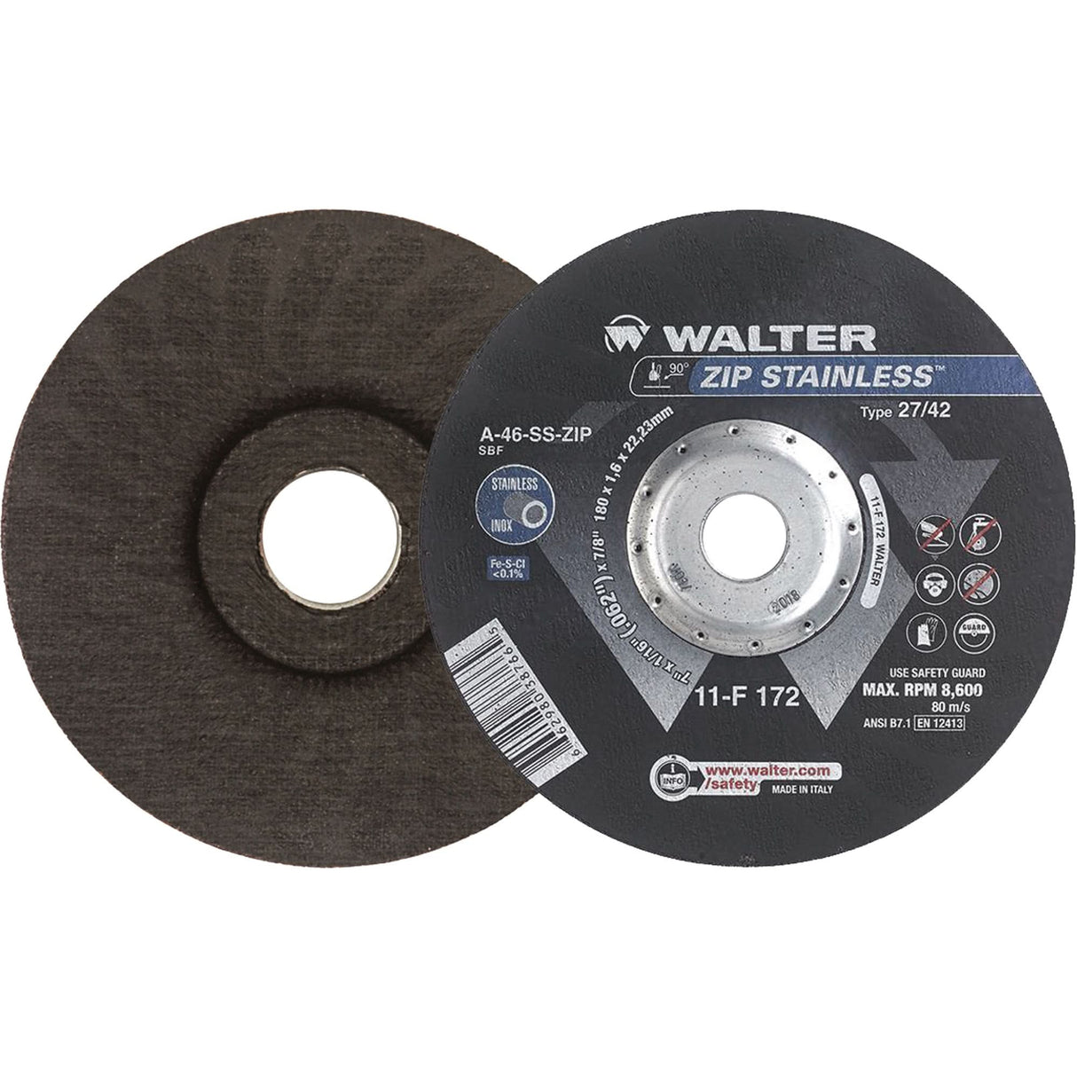 Zip™ Stainless Right Angle Grinder Reinforced Cut-Off Wheels, 7" x 1/16", 7/8" Arbor, Type 27, Aluminum Oxide, 8600 RPM