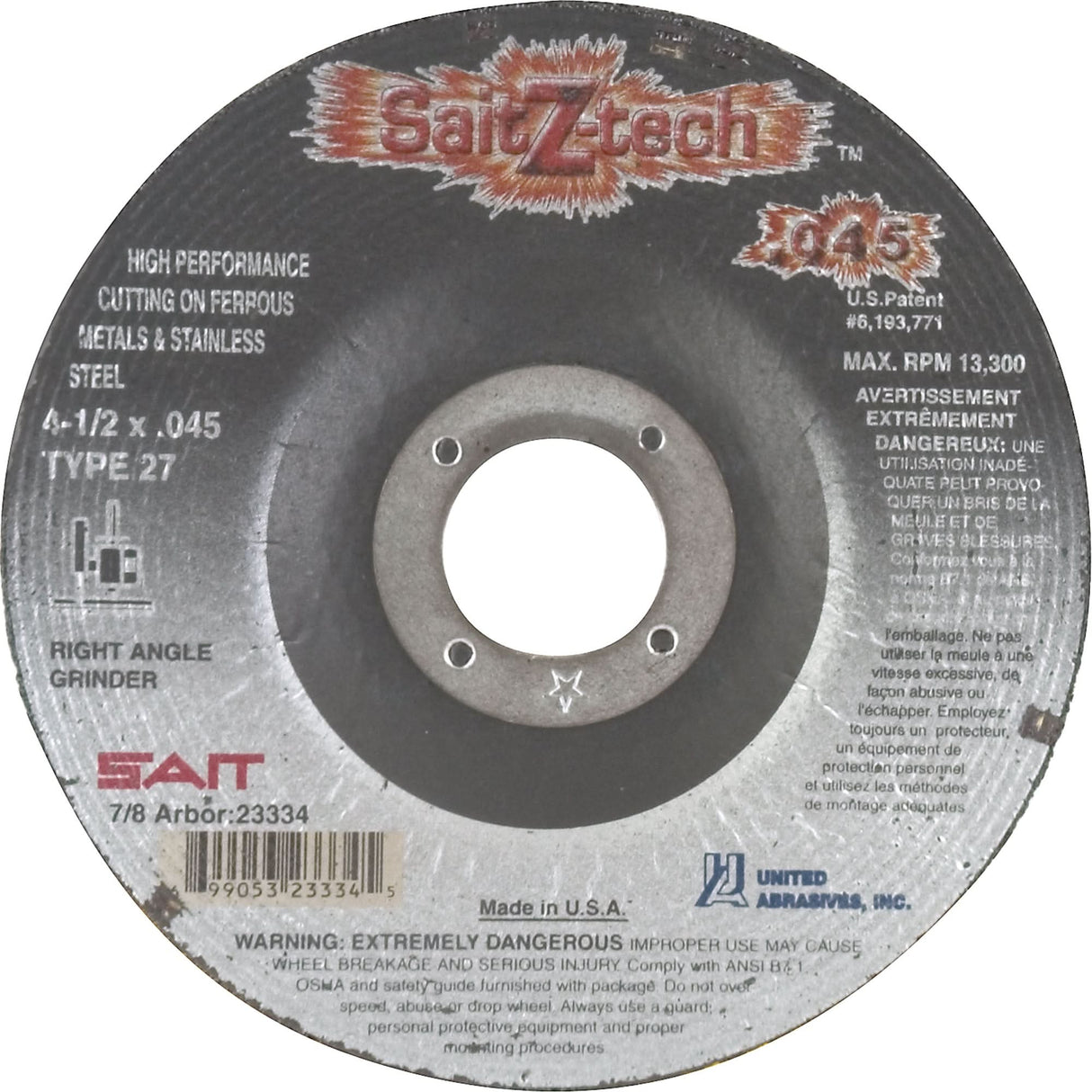 Cutting Wheel Z-Tech, 4-1/2" x 0.045", 7/8" Arbor, Type 27, Zirconium, 13300 RPM
