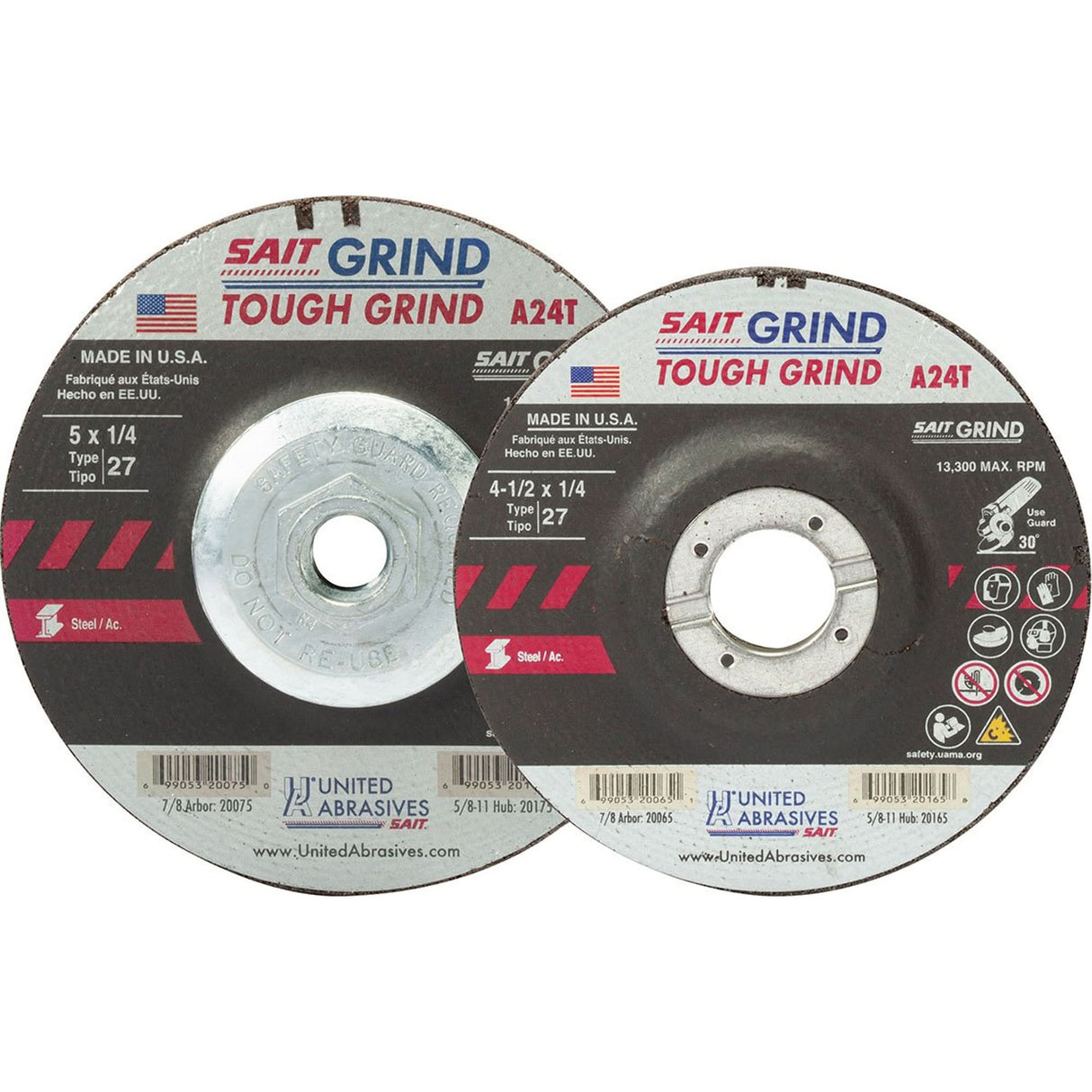 A24T Tough Grind Grinding Wheel, 5" x 1/4", 7/8" Arbor, Aluminum Oxide, Type 27