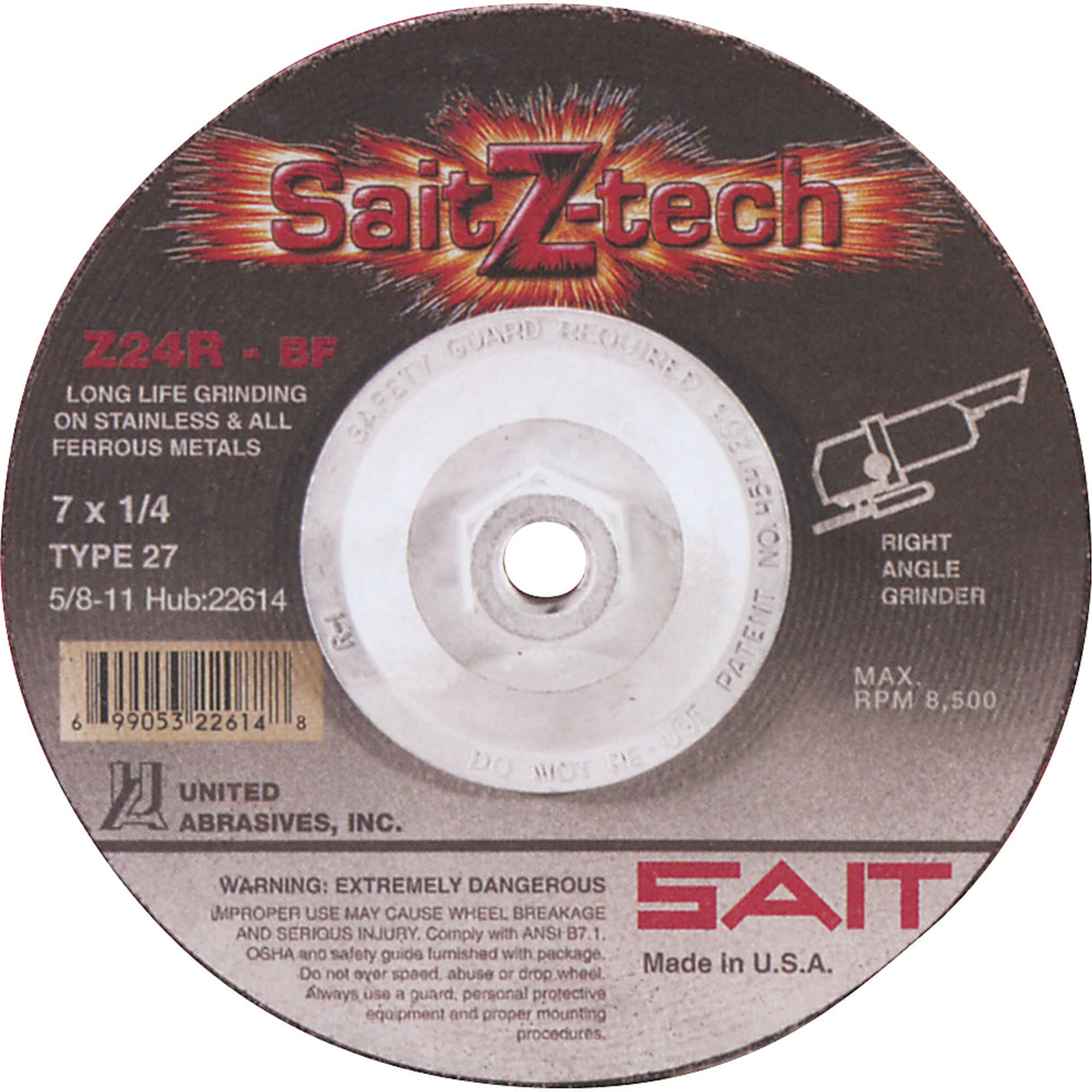 Sait Z-Tech™ Z24R Grinding Wheel, 4" x 1/4", 5/8" Arbor, Zirconium, Type 27