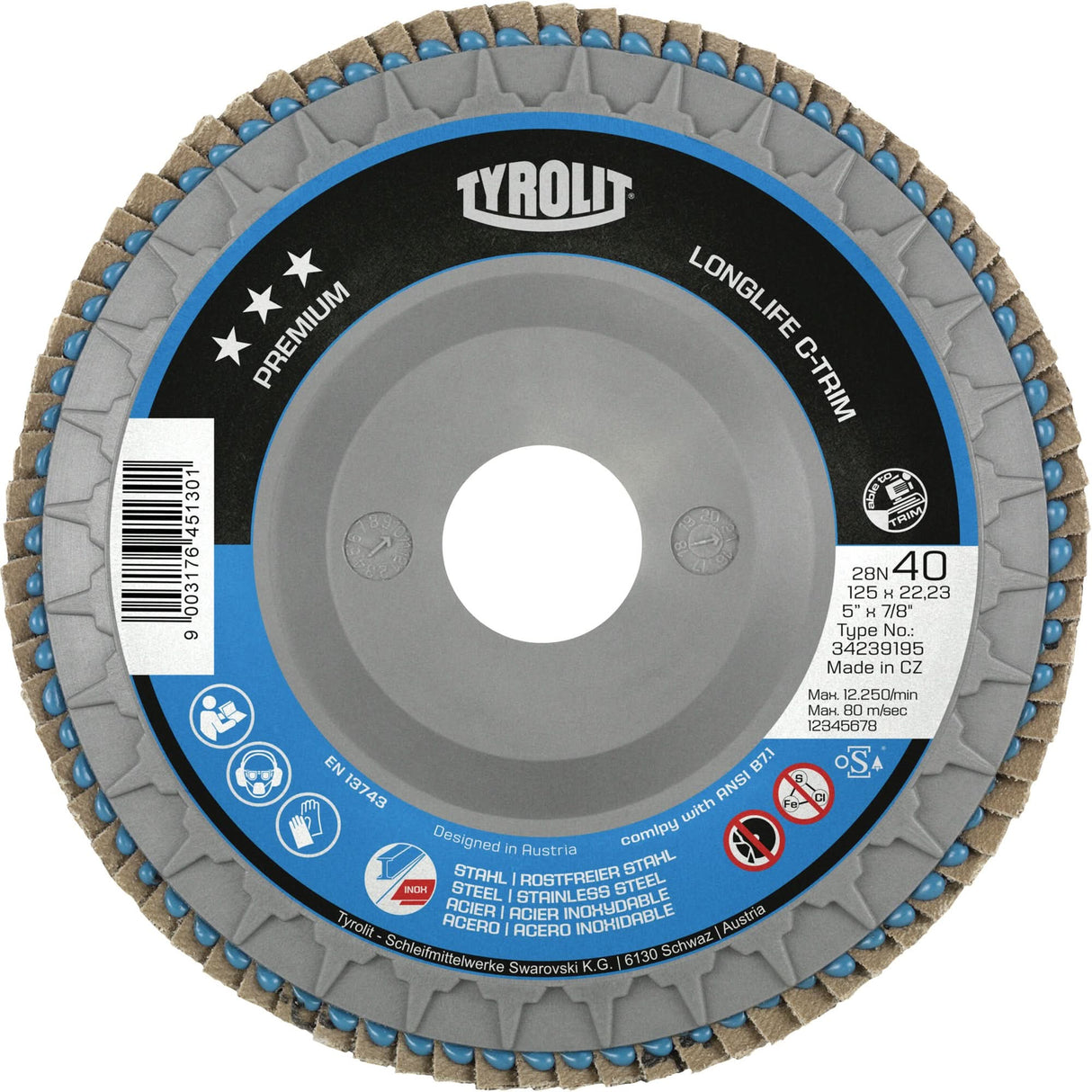 Long Life C-Trim Flap Disc, 4-1/2" x 7/8", Type 29, 40 Grit, Zirconium