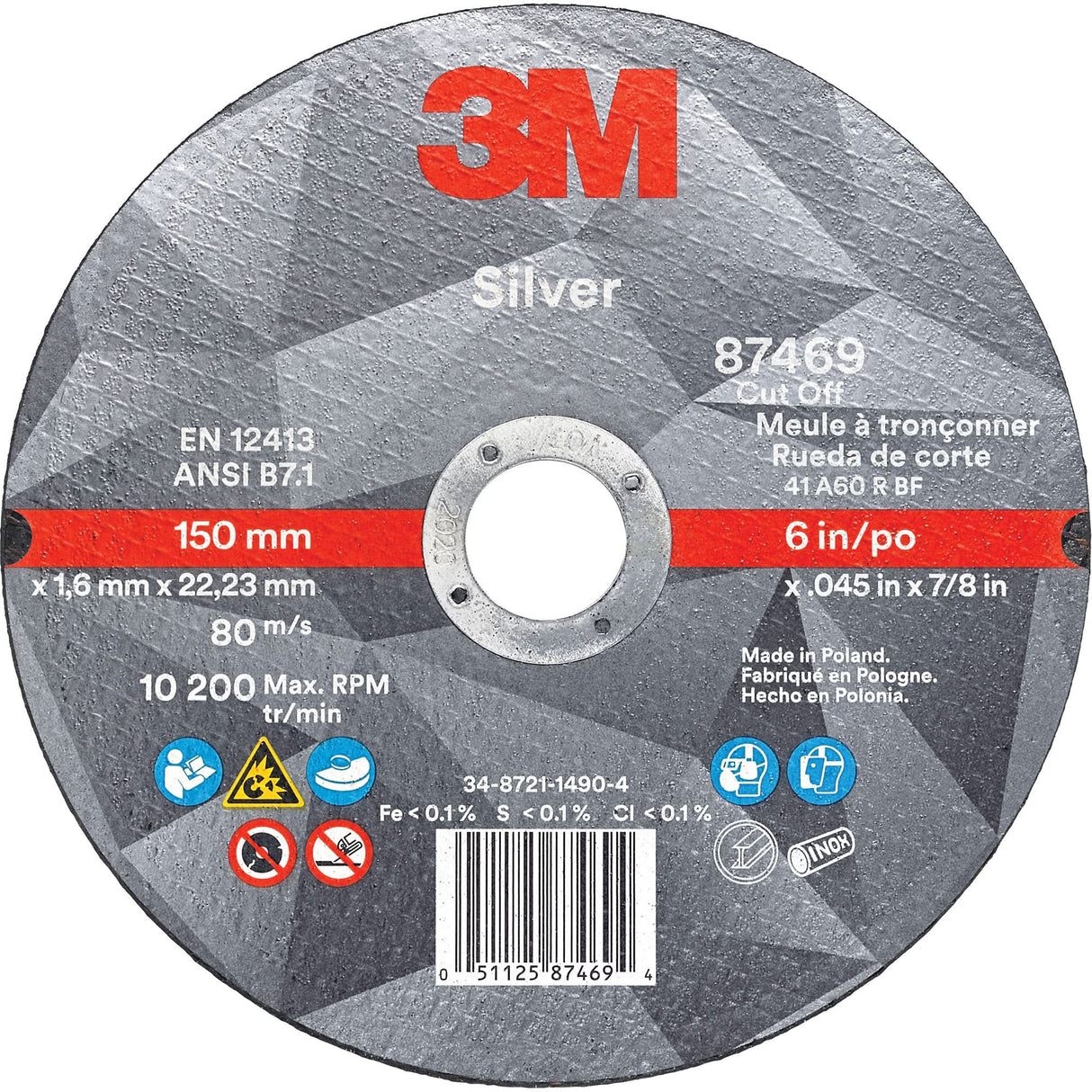 Silver Cut-Off Wheel, 6" x 0.045", 7/8" Arbor, Type 1, Ceramic, 10200 RPM