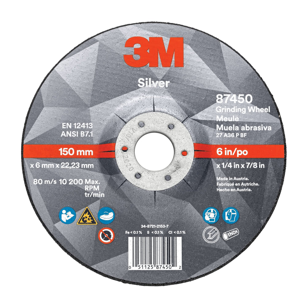 Silver Depressed Centre Grinding Wheel, 4" x 1/4", 3/8" Arbor, Ceramic, Type 27