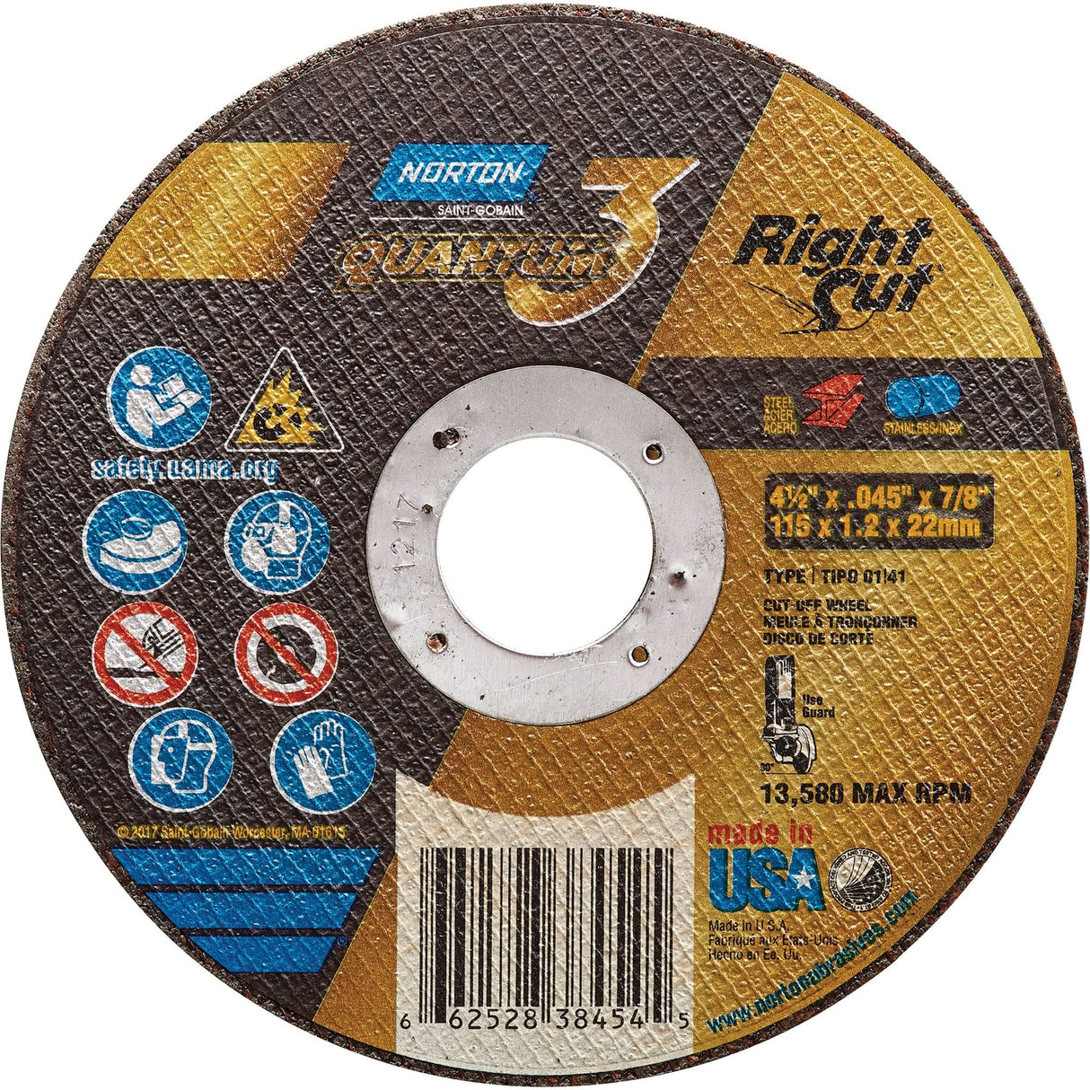 Quantum3™ RightCut™  Cut-Off Wheel, 4-1/2" x 0.045", 7/8" Arbor, Type 1, Aluminum Oxide/Ceramic, 13580 RPM