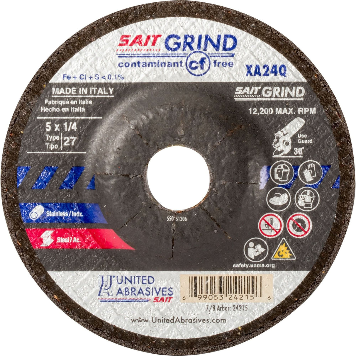 XA24Q Contaminant-Free Grinding Wheel, 7" x 1/4", 7/8" Arbor, Type 1