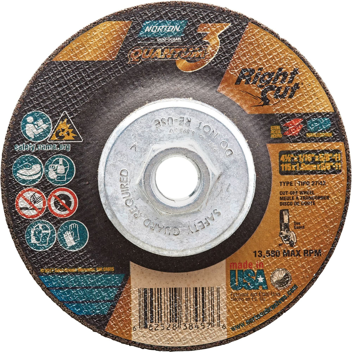 Quantum3™ RightCut™ Cut-Off Wheel, 4-1/2" x 1/16", 5/8"-11 Arbor, Type 27/42, Ceramic Alumina, 13580 RPM