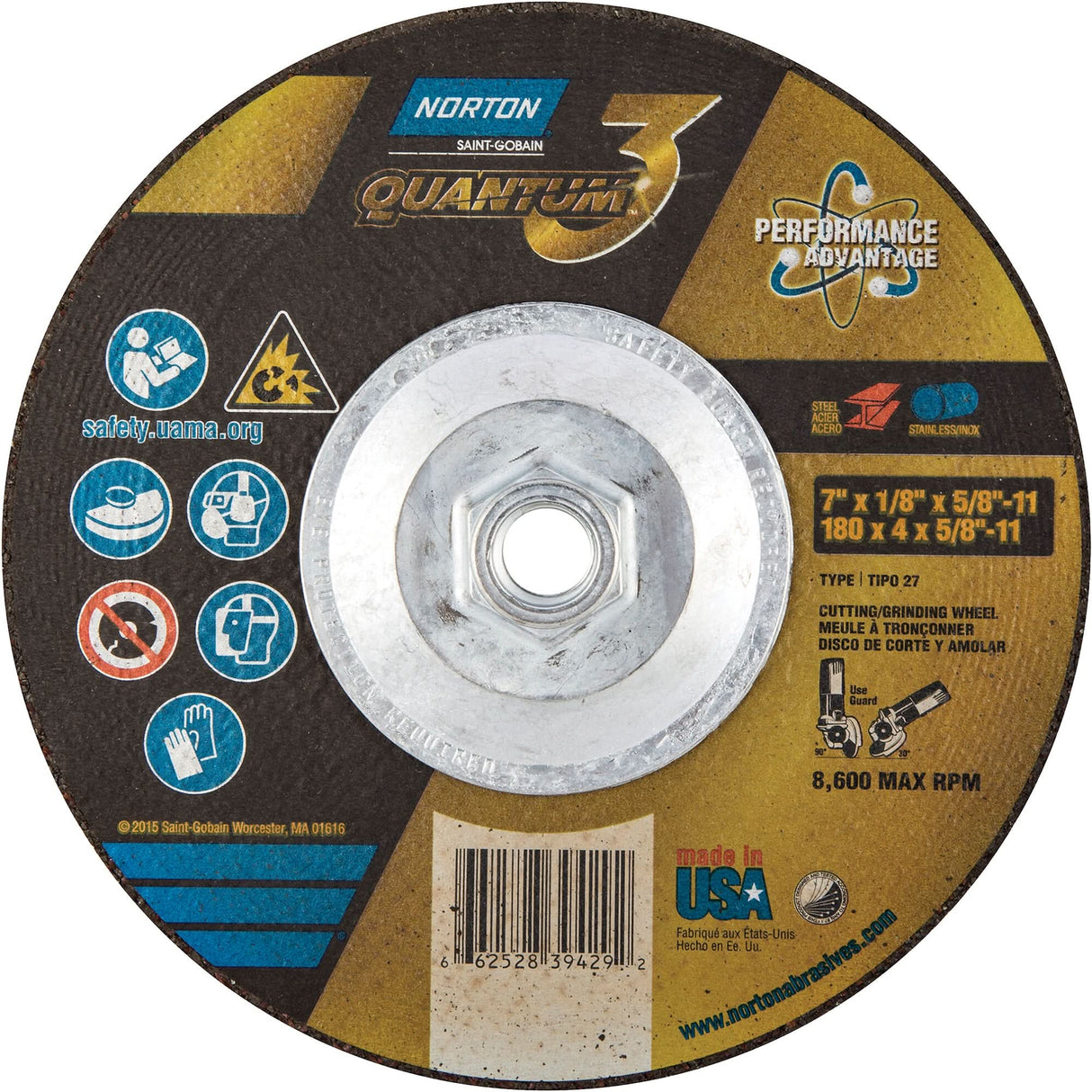 Quantum3™ Grinding & Cutting Wheel, 7" x 1/8", 5/8"-11 Arbor, Type 27, 24 Grit, Ceramic Alumina