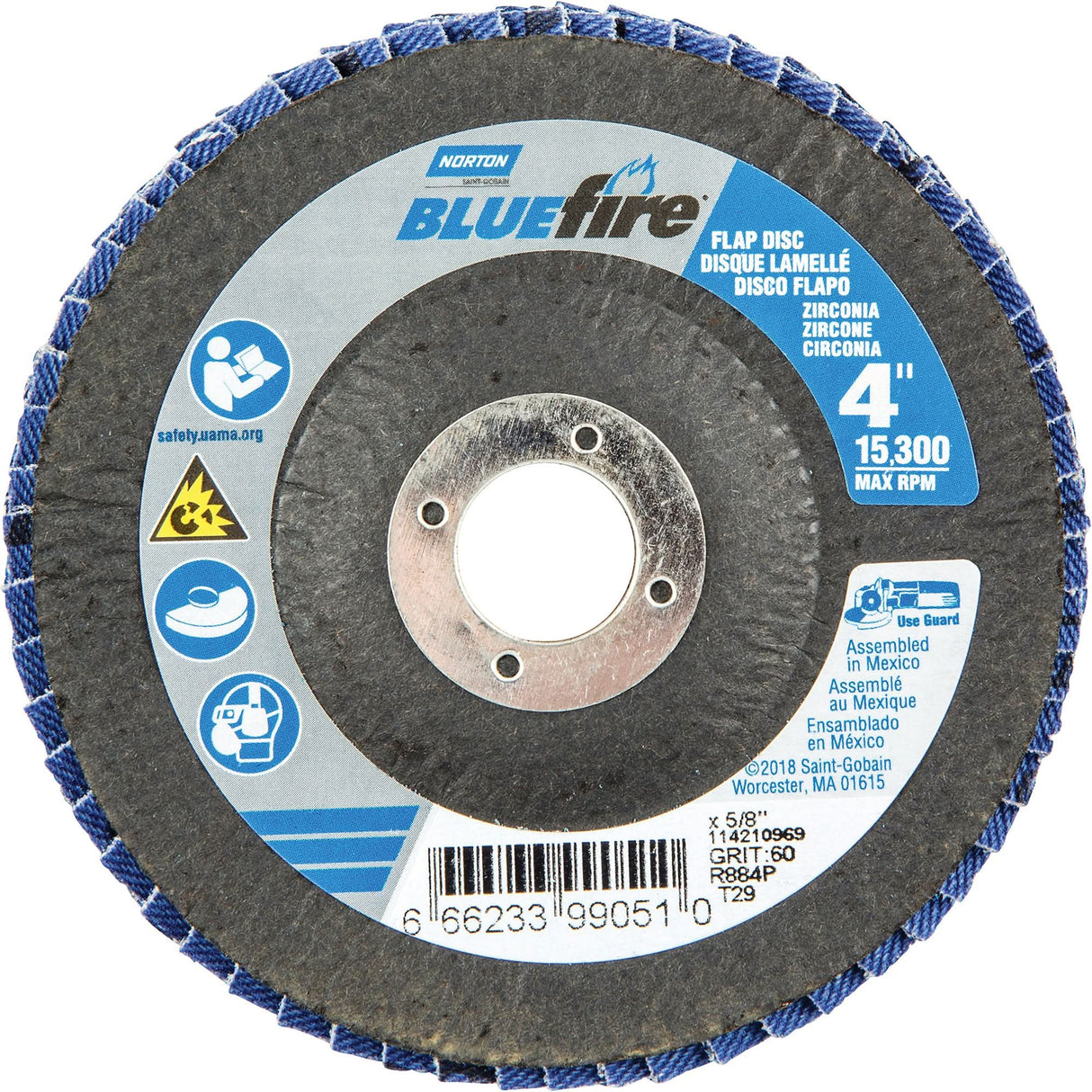 R884P BlueFire® Conical Flap Disc, 4" x 5/8", Type 29, P60 Grit, Zirconia Alumina