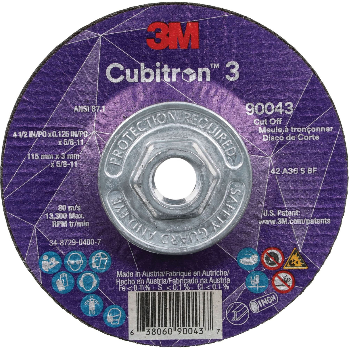 Cubitron™ 3 Cut-Off Wheel, 4-1/2" x 1/8", 5/8"-11 Arbor, Type T27, Ceramic, 13300 RPM