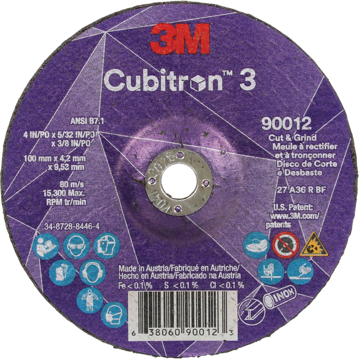 Cubitron™ 3 Cut and Grind Wheel, 4" x 5/32", 3/8" Arbor, Type 27, 36 Grit, Ceramic