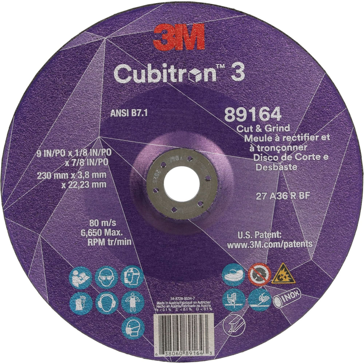 Cubitron™ 3 Cut and Grind Wheel, 9" x 1/8", 7/8" Arbor, Type 27, 36 Grit, Ceramic