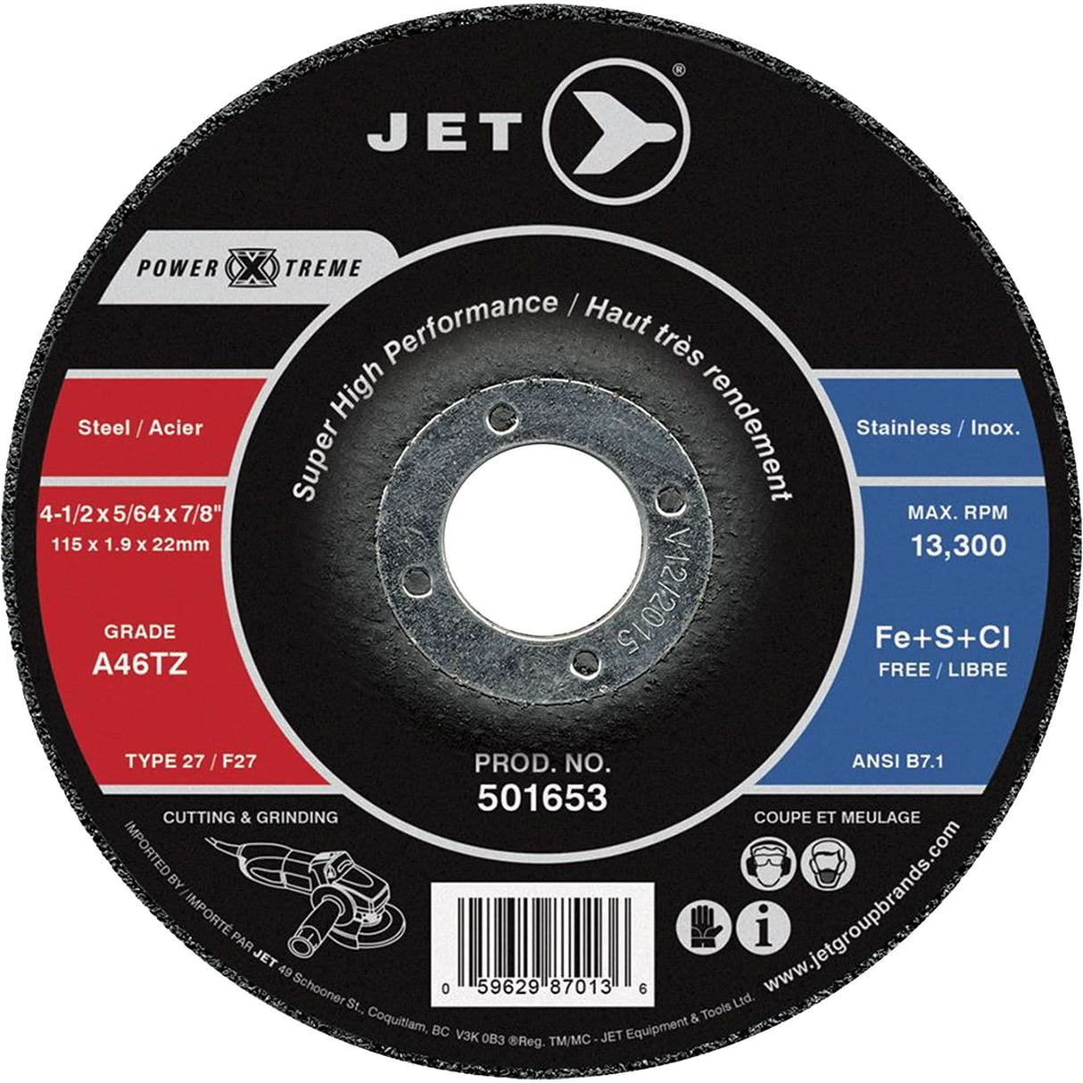 Power-Xtreme A46PX-DUO Cutting & Light Grinding Wheel, 4-1/2" x 5/64", 7/8" Arbor, Type 27, 13300 RPM