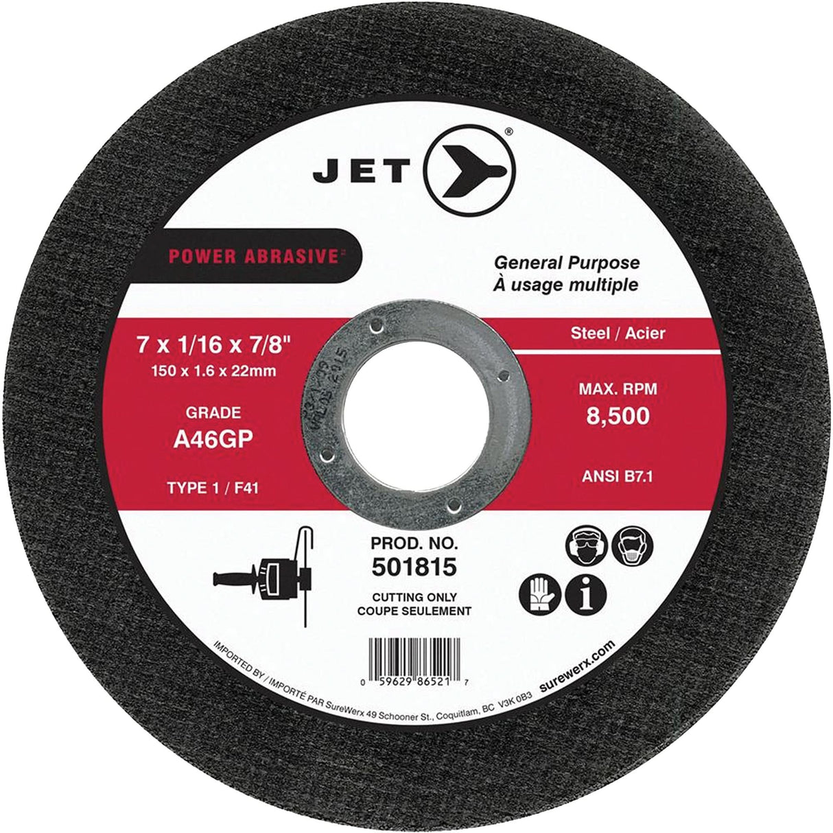 Power Abrasive A46GP  Cut-Off Wheel, 7" x 1/16", 7/8" Arbor, Type 1, 8500 RPM