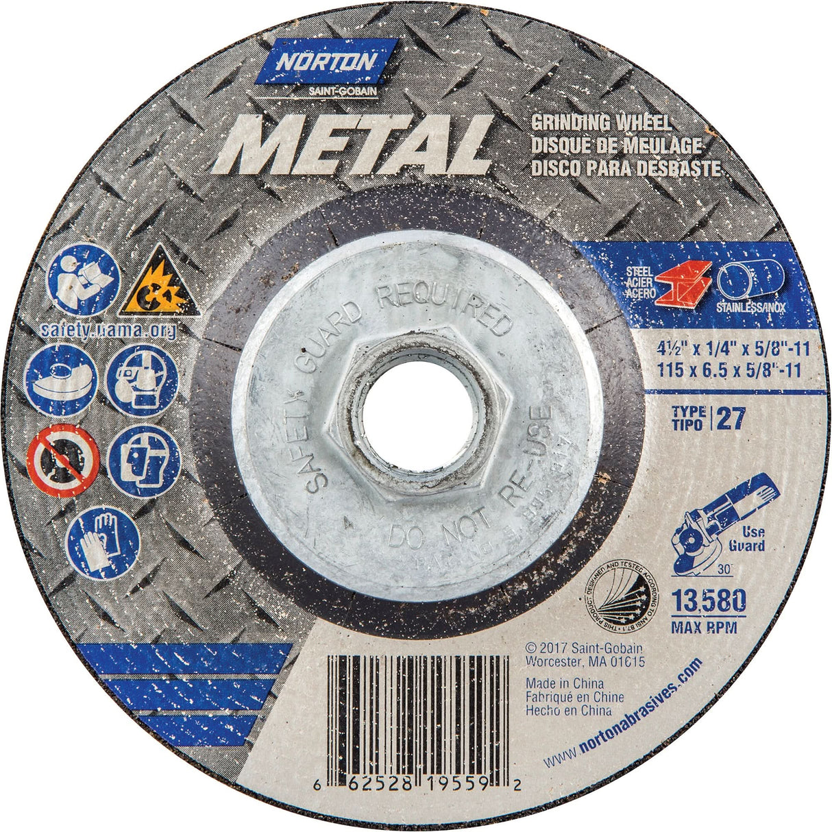 Metal Grinding Wheel, 4-1/2" x 1/4", 5/8"-11 Arbor, Aluminum Oxide, Type 27
