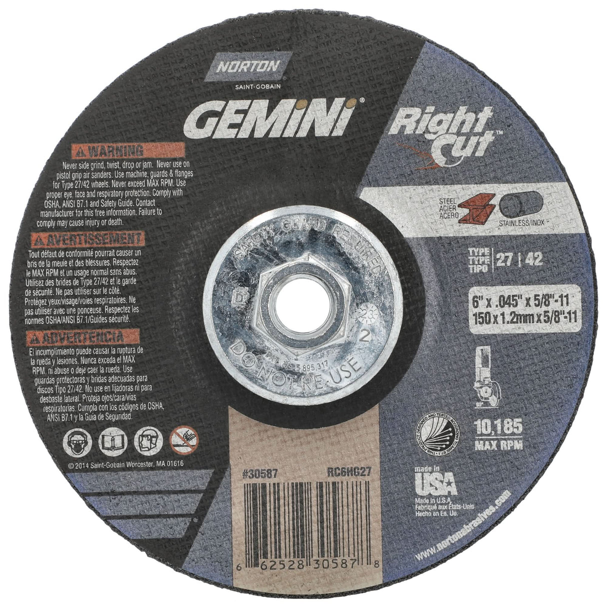 Disque à tronçonner à angle droit Gemini RightCut, 6" x 0.045", arbre 5/8"-11, Type 27/42, oxyde d'aluminium, 10185 tr/min