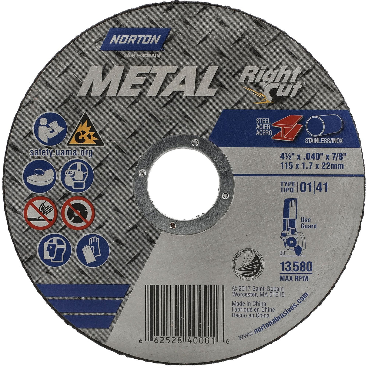 Metal RightCut Right Angle Cut-Off Wheel, 4-1/2" x 0.045", 7/8" Arbor, Type 01/41, Aluminum Oxide, 13580 RPM