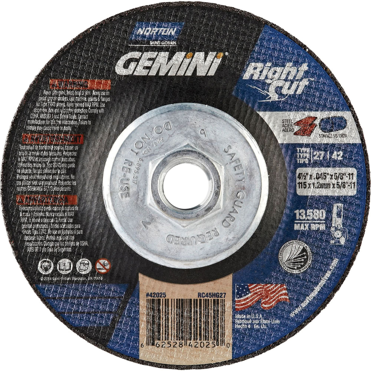 Gemini RightCut Right Angle Cut-Off Wheel, 4-1/2" x 0.045", 5/8"-11 Arbor, Type 27/42, Aluminum Oxide, 13580 RPM