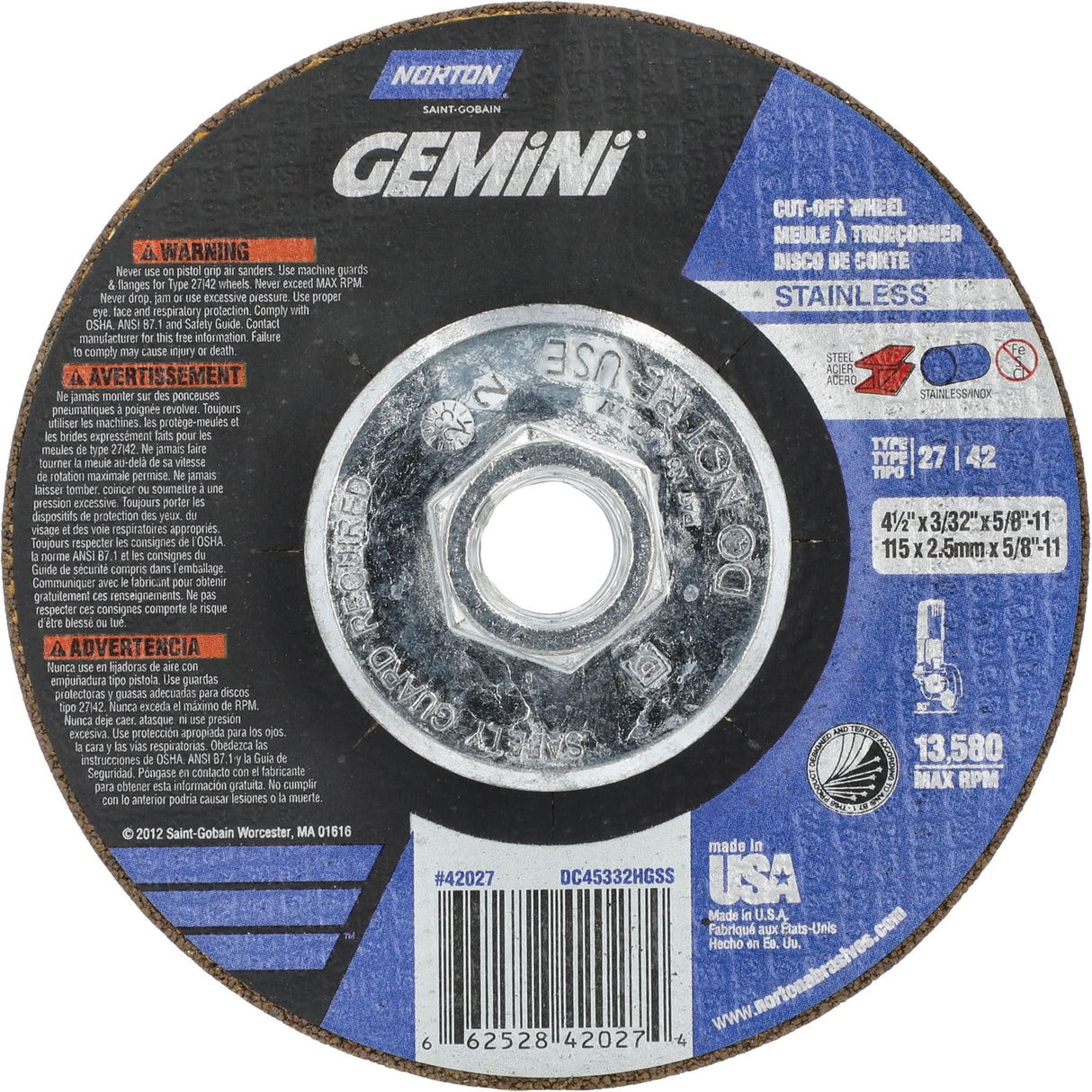 Gemini INOX/SS Right Angle Cut-Off Wheel, 4-1/2" x 3/32", 5/8"-11 Arbor, Type 27/42, Aluminum Oxide, 13580 RPM