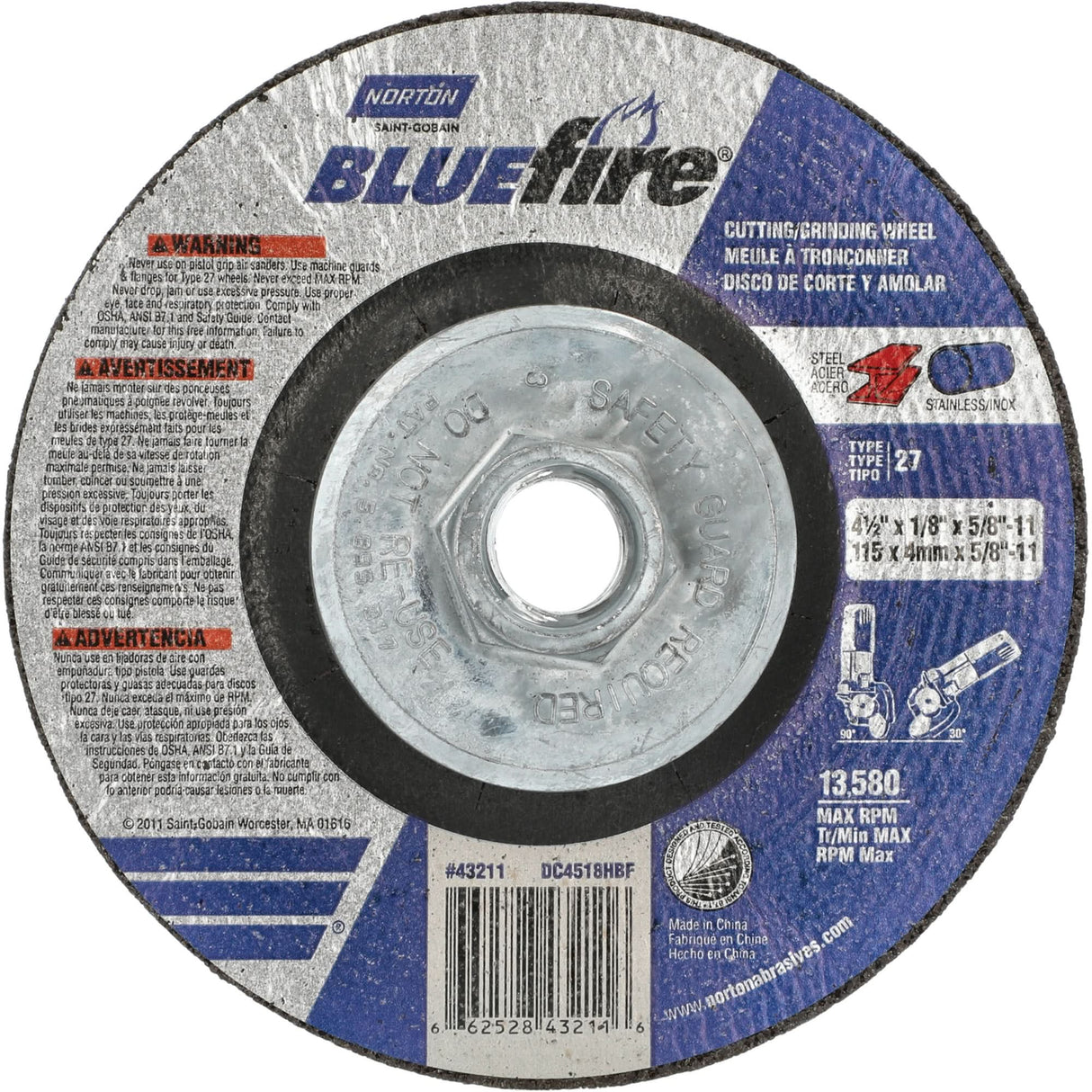 BlueFire Grinding & Cutting Wheel, 4-1/2" x 1/8", 5/8"-11 Arbor, Type 27, Zirconia Alumina