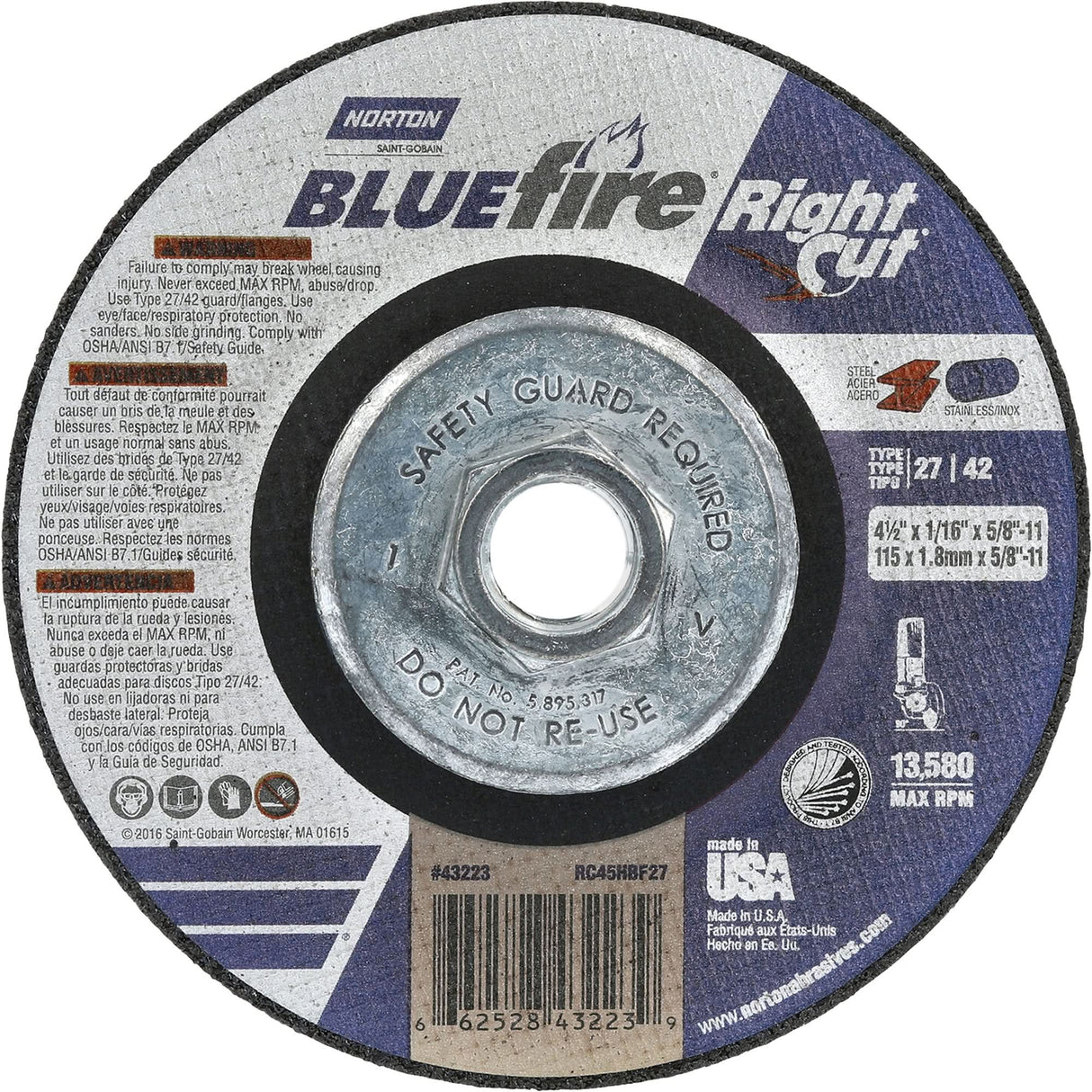 BlueFire RightCut Right Angle Cut-Off Wheel, 4-1/2" x 1/16", 5/8"-11 Arbor, Type 27/42, Aluminum Oxide, 13580 RPM