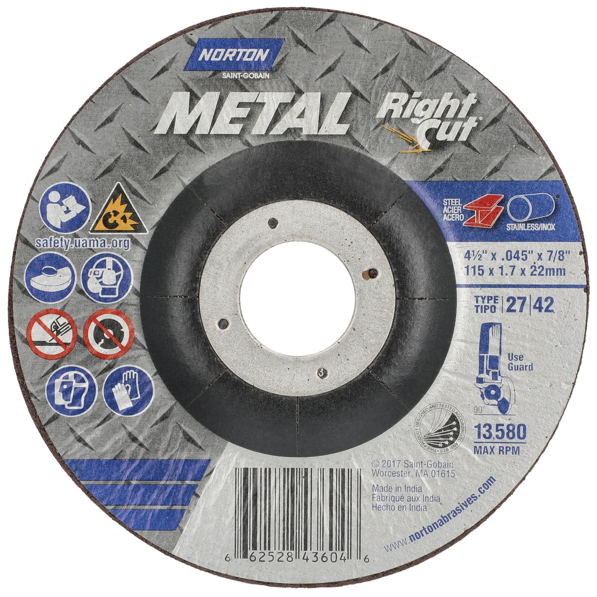 Metal RightCut Right Angle Cut-Off Wheel, 4-1/2" x 0.045", 7/8" Arbor, Type 27, Aluminum Oxide, 13580 RPM