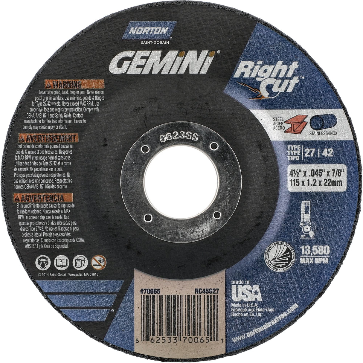 Gemini RightCut Right Angle Cut-Off Wheel, 4-1/2" x 0.045", 7/8" Arbor, Type 27/42, Aluminum Oxide, 13580 RPM