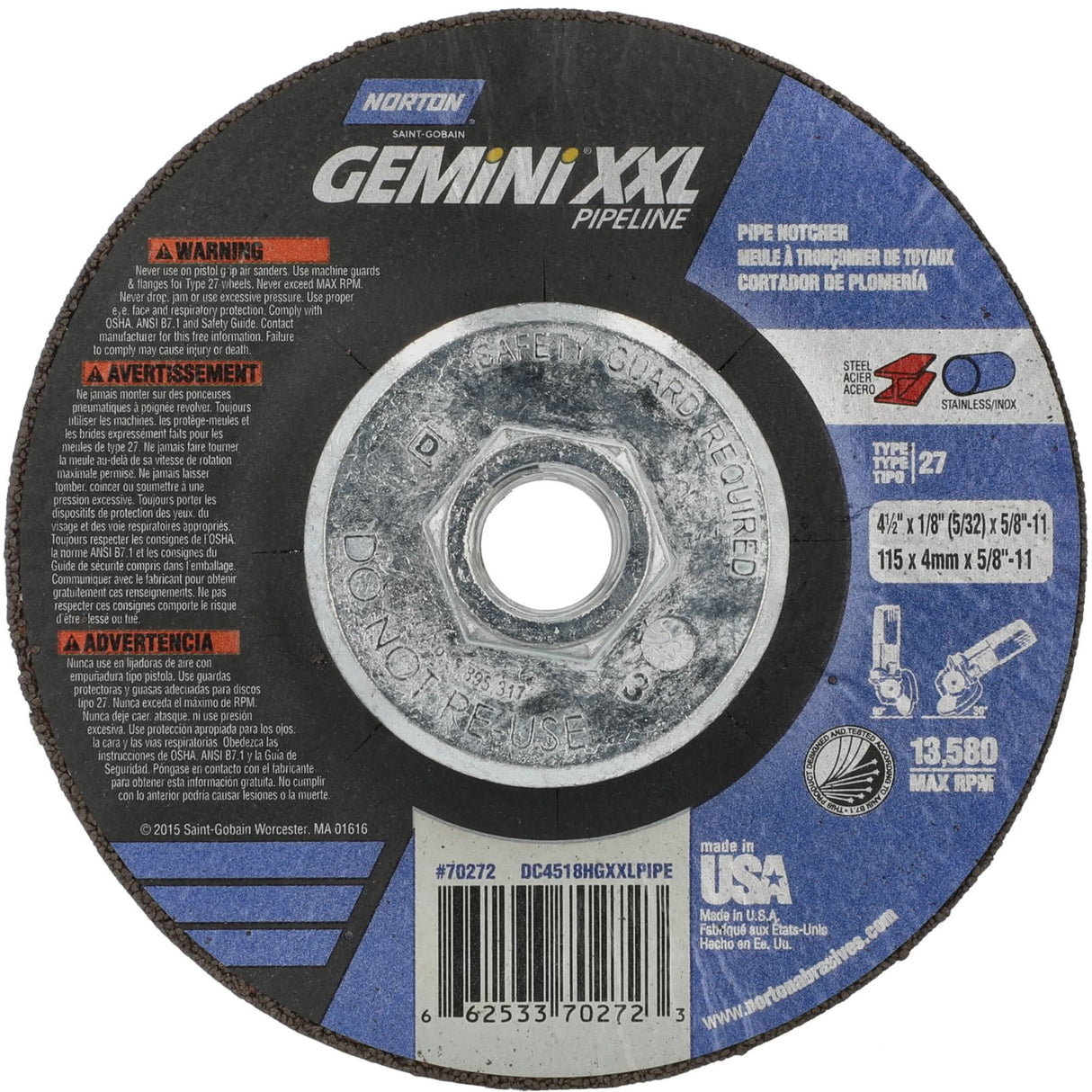 Gemini XXL Grinding & Cutting Wheel, 4-1/2" x 1/8", 5/8"-11 Arbor, Type 27, Aluminum Oxide