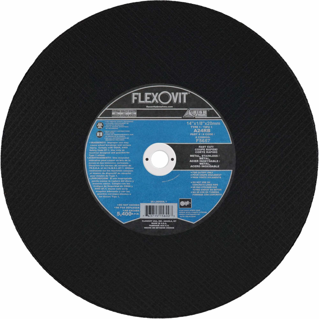 High Speed Cutoff Wheel, 14" x 1/8", 20 mm Arbor, Type 1, 5460 RPM