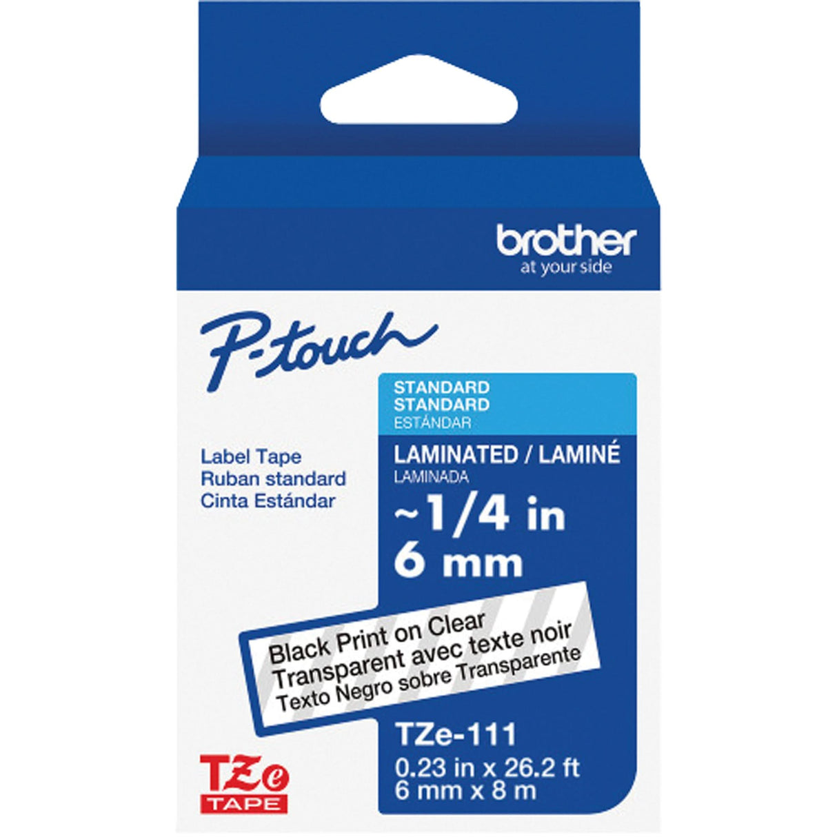 TZe-111 Laminated Tape for TZe-Compatible P-Touch Label Makers, Black on Clear, 0.23" Width