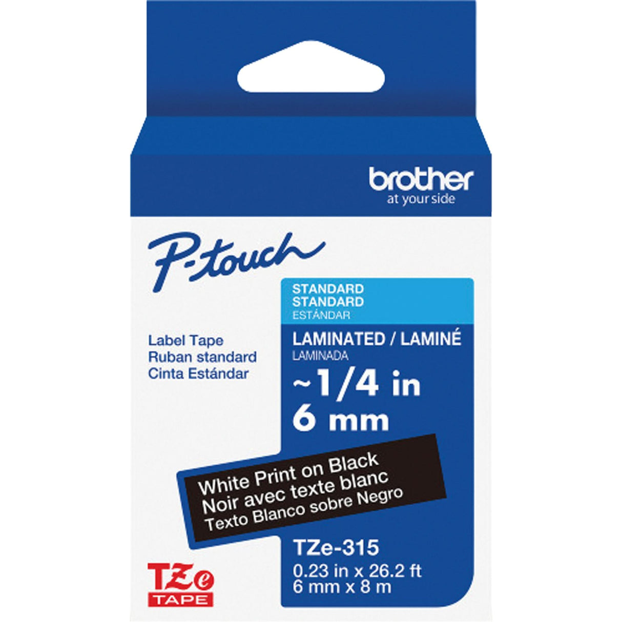 TZe-315 Laminated Tape for TZe-Compatible P-Touch Label Makers, White on Black, 0.23" Width