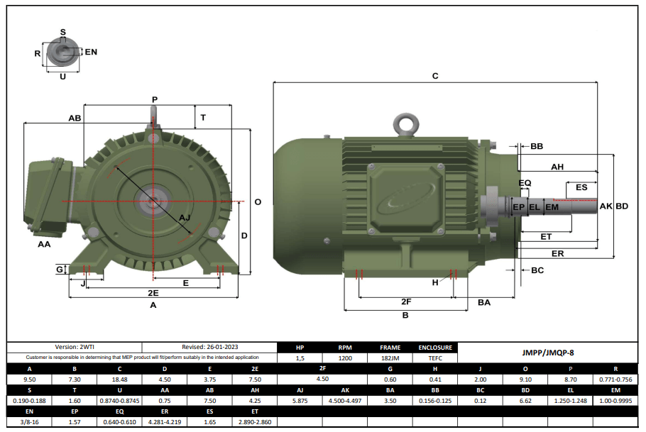 Max Motion JMQP-8 | Pump - JM Motor 1.5HP, 1200RPM, 208-230/460V, Frame 182JM, TEFC