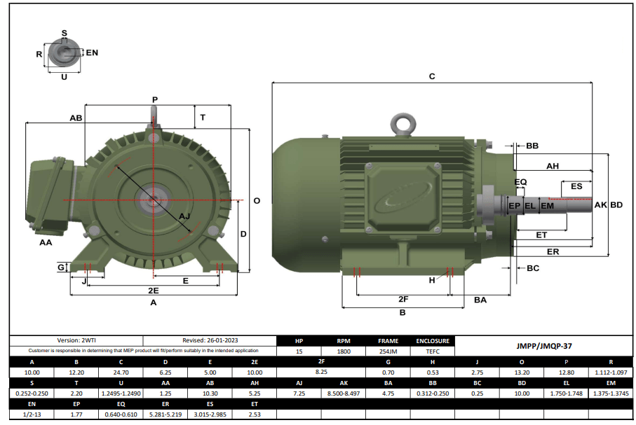 Max Motion JMQP-37 | Pump - JM Motor 15HP, 1800RPM, 208-230/460V, Frame 254JM, TEFC