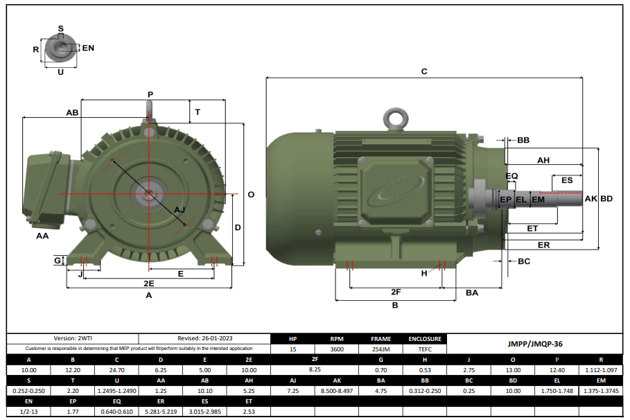 Max Motion JMQP-36 | Pump - JM Motor 15HP, 3600RPM, 208-230/460V, Frame 254JM, TEFC
