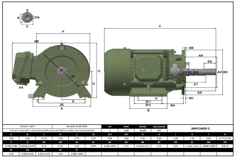 Max Motion JMQP-3 | Pump - JM Motor 1HP, 1200RPM, 208-230/460V, Frame 145JM, TEFC