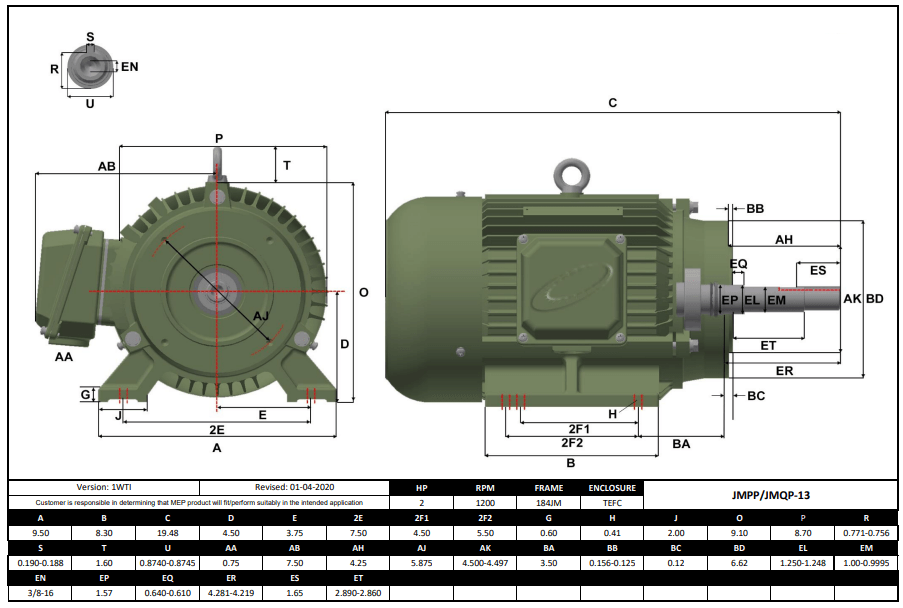 Max Motion JMQP-13 | Pump - JM Motor 2HP, 1200RPM, 208-230/460V, Frame 184JM, TEFC