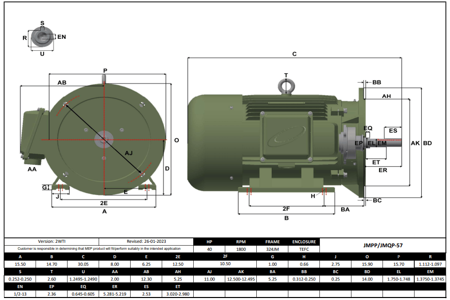 Max Motion JMQP-57 | Pump - JM Motor 40HP, 1800RPM, 208-230/460V, Frame 324JM, TEFC