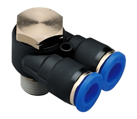 Push to Connect Double Banjo 3/8" Tube x 3/8" NPT Male