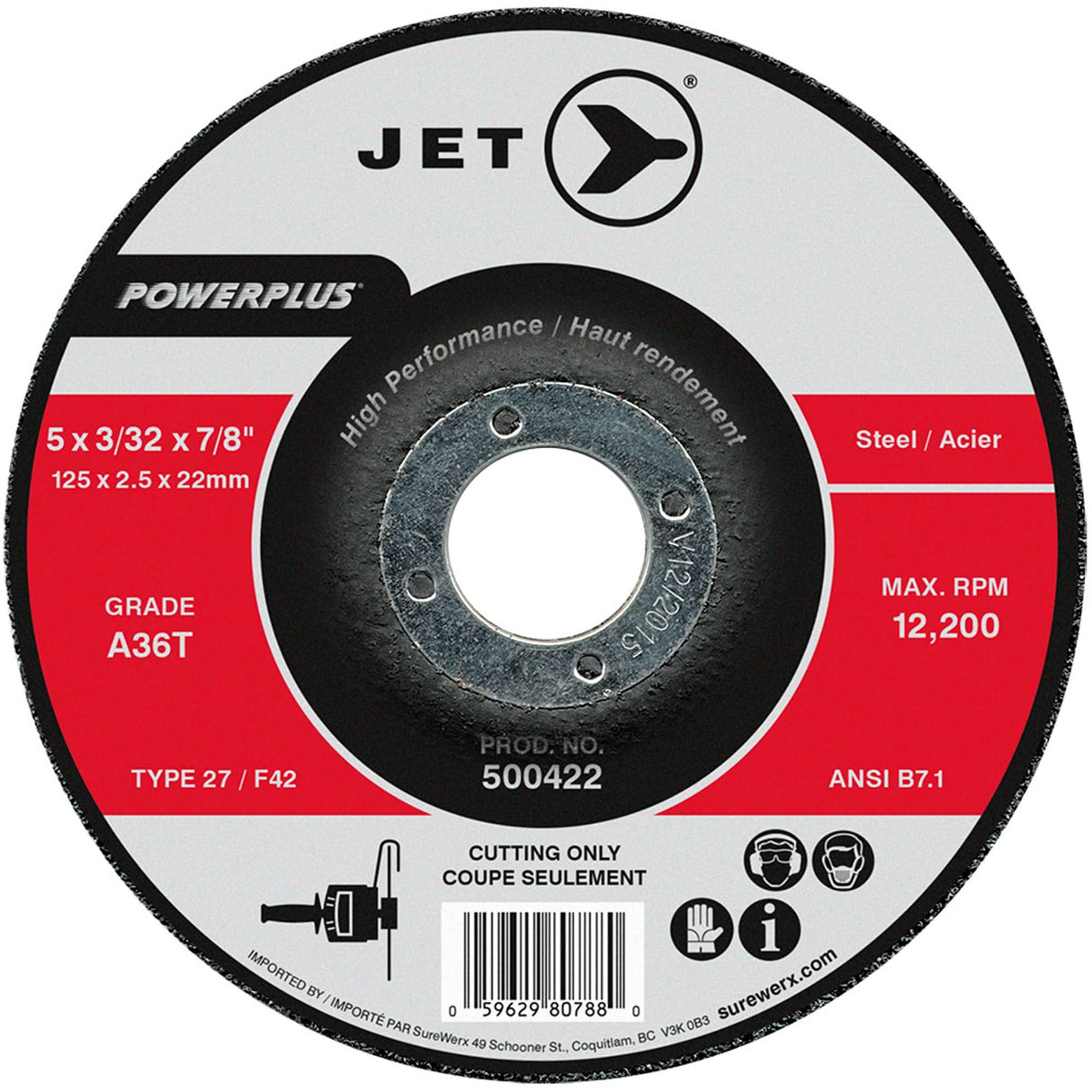 POWERPLUS Cut-Off Wheel, 5" x 3/32", 7/8" Arbor, Type 27, 12200 RPM